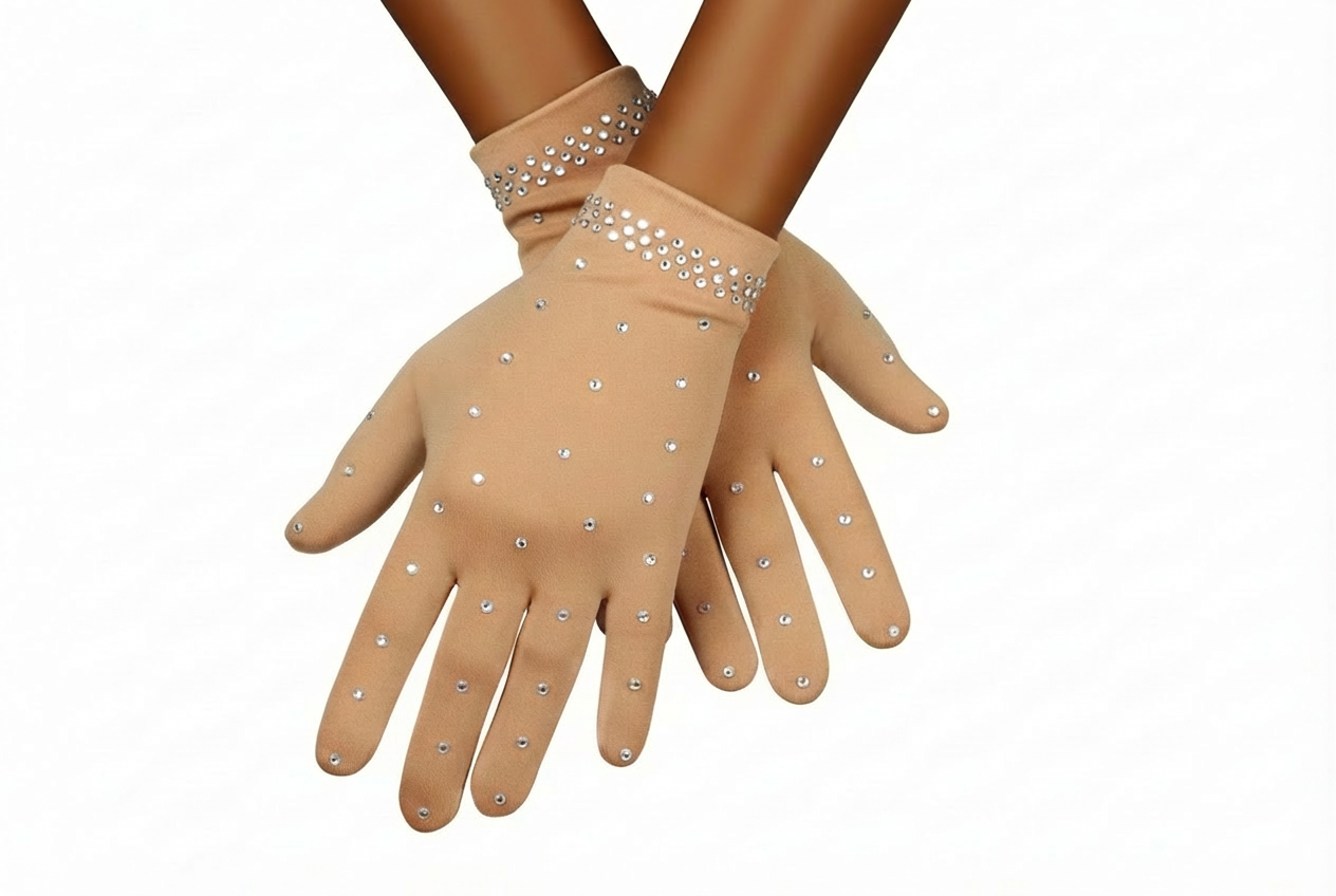 Beżowe rękawiczki startowe ICE SHINE z kryształkami do łyżwiarstwa figurowego