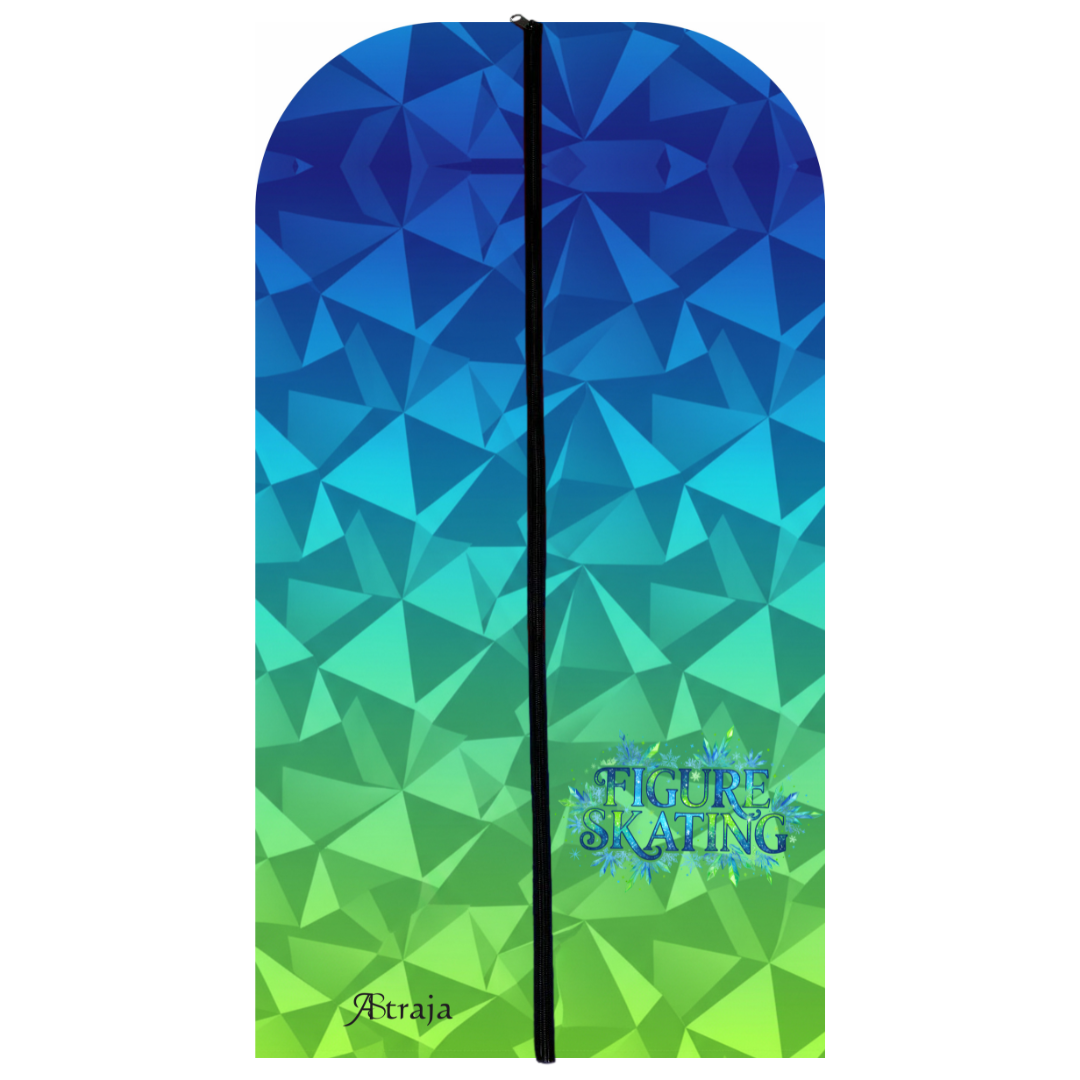 Pokrowiec na sukienkę łyżwiarską Ocean Geometry - przód z zamkiem błyskawicznym i otworkiem na wieszak