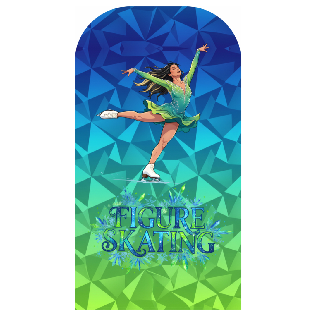 Pokrowiec na sukienkę łyżwiarską Ocean Geometry - tył z niebiesko-zielonym gradientem geometrycznym i grafiką łyżwiarki