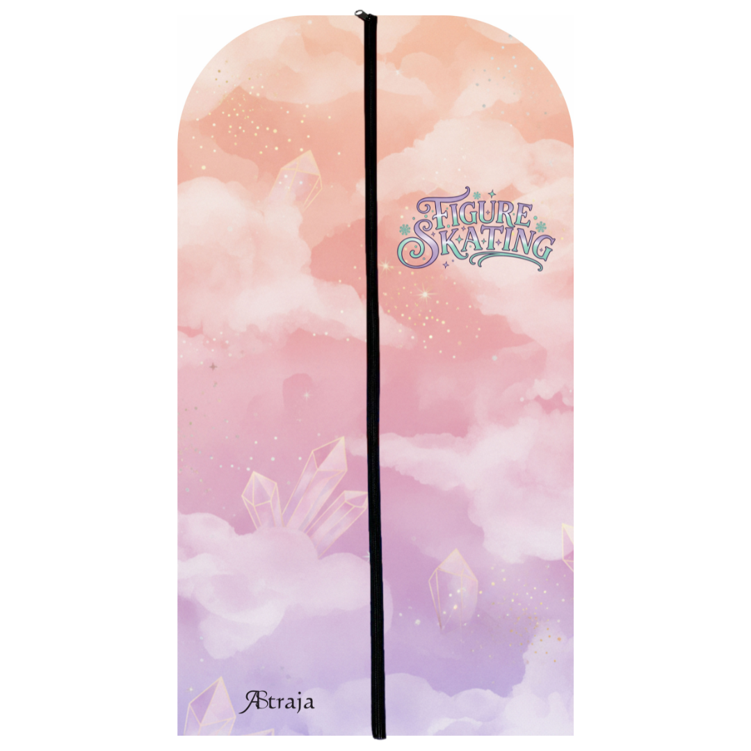 Pokrowiec na sukienkę łyżwiarską Pastel Grace - przód z zamkiem błyskawicznym i otworkiem na wieszak