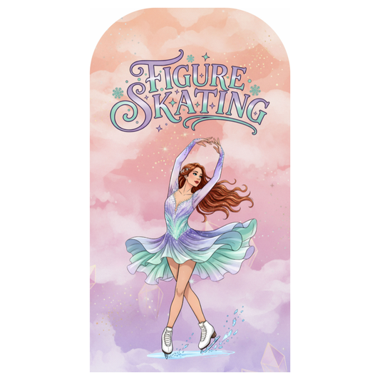 Pokrowiec na sukienkę łyżwiarską Pastel Grace - tył z pastelowym gradientem brzoskwiniowo-fioletowym i grafiką łyżwiarki