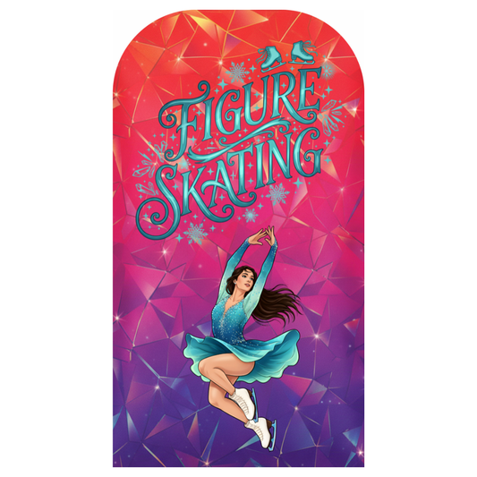 Pokrowiec na sukienkę łyżwiarską Sunset Skater - tył z kolorowym gradientem różowo-pomarańczowo-żółtym i grafiką łyżwiarki