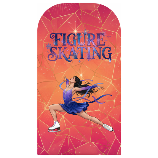 Pokrowiec na sukienkę łyżwiarską Sunset Skater - tył z kolorowym gradientem różowo-pomarańczowo-żółtym i grafiką łyżwiarki