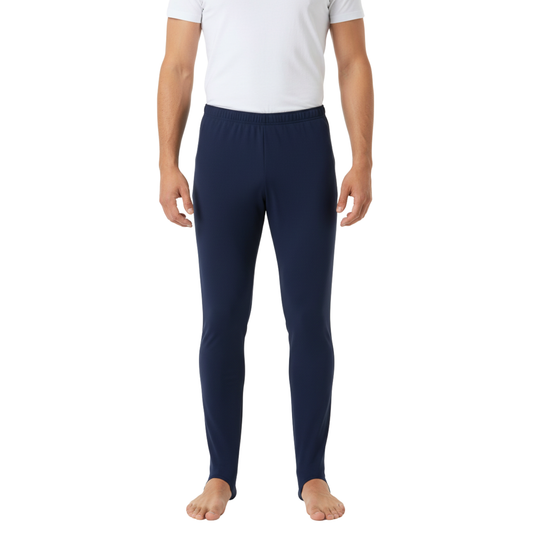 Granatowe spodnie męskie do gimnastyki z gumką w pasie i zapiętkami na stopy