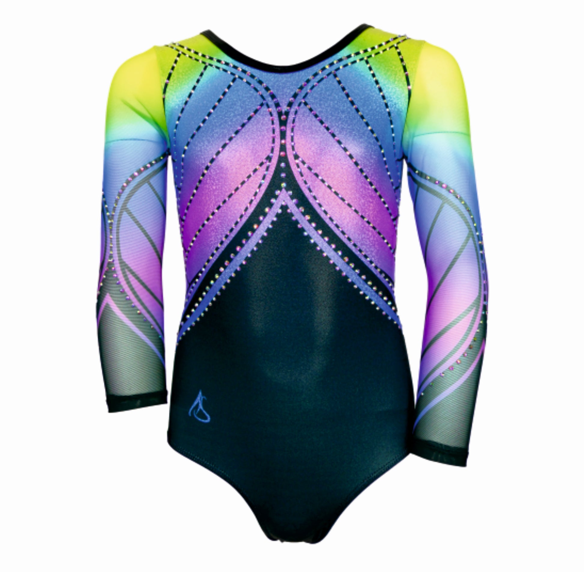 Kostium do gimnastyki artystycznej DRAGONFLY Astraja - profesjonalny wielokolorowy strój z kryształami, przód
